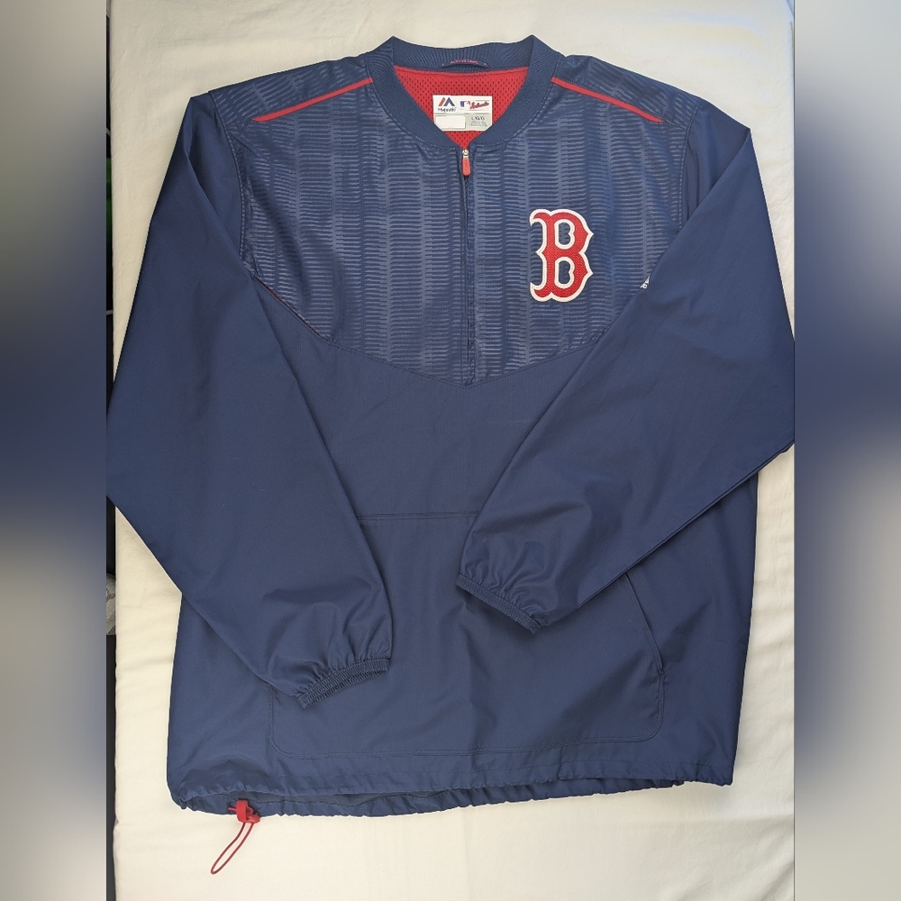 Majestic Boston Red Sox 1/4 Zip Warm Up Jacket, Navy And Red Men's Large